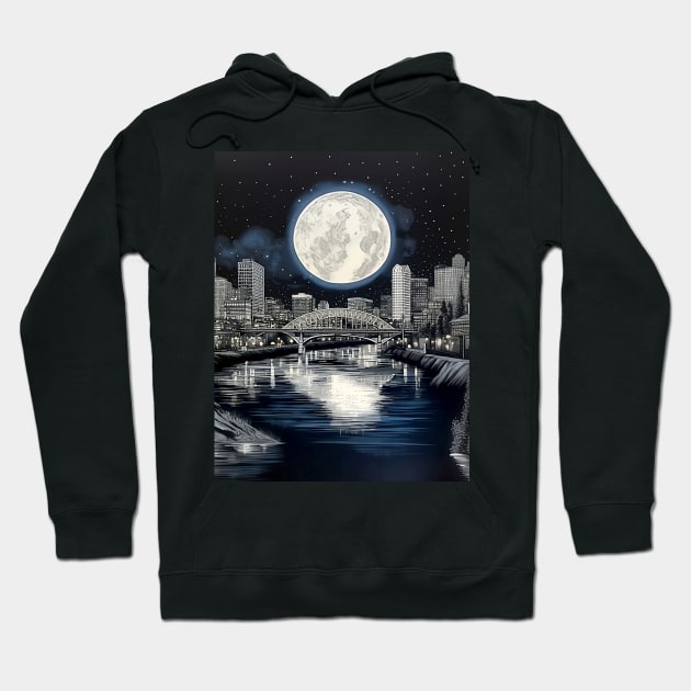 Full Sturgeon Moon Over the City of Roses (Portland Oregon) on a Dark Background Hoodie by Puff Sumo